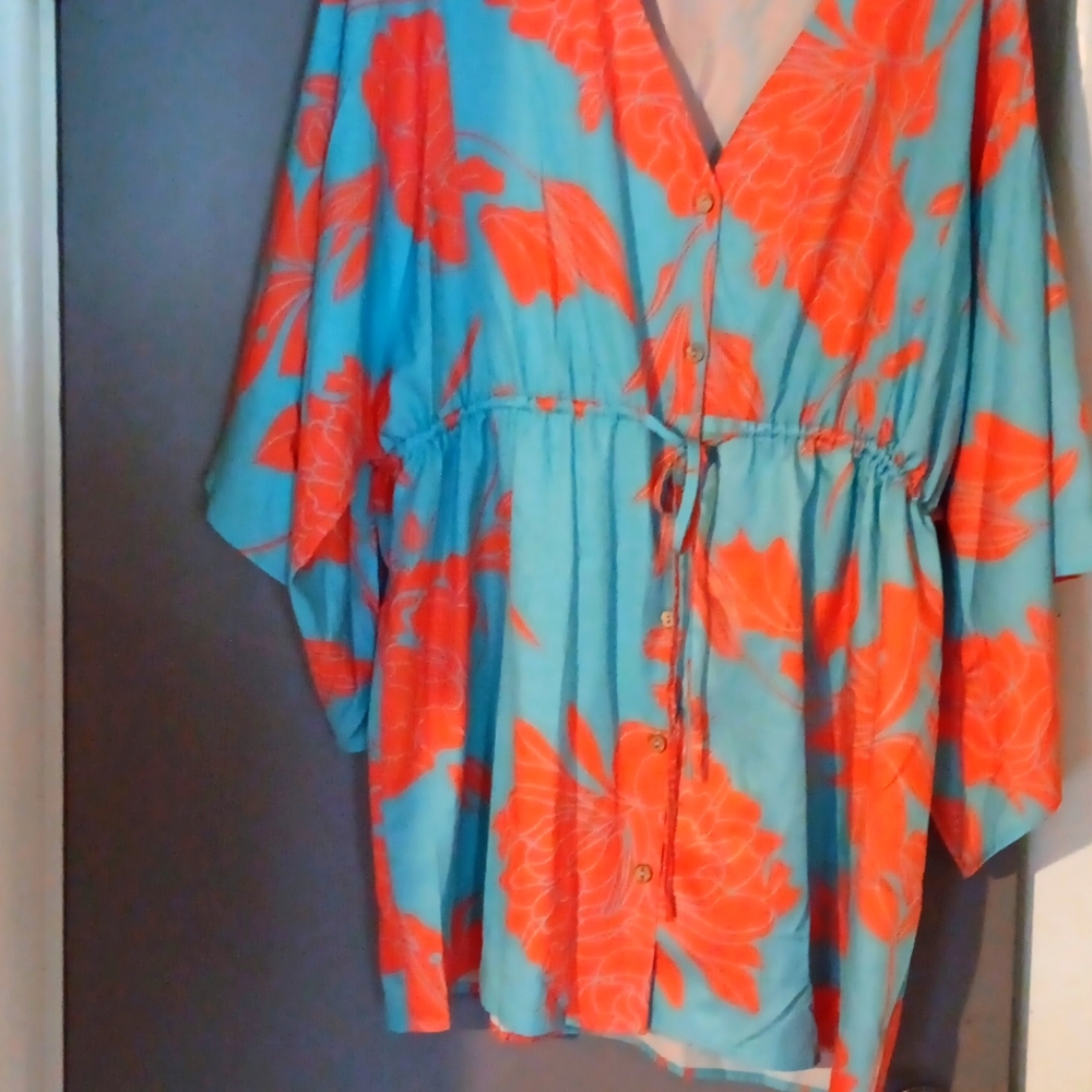 Womans Chic Me, large, turquoise and orange tie-waist mini dress